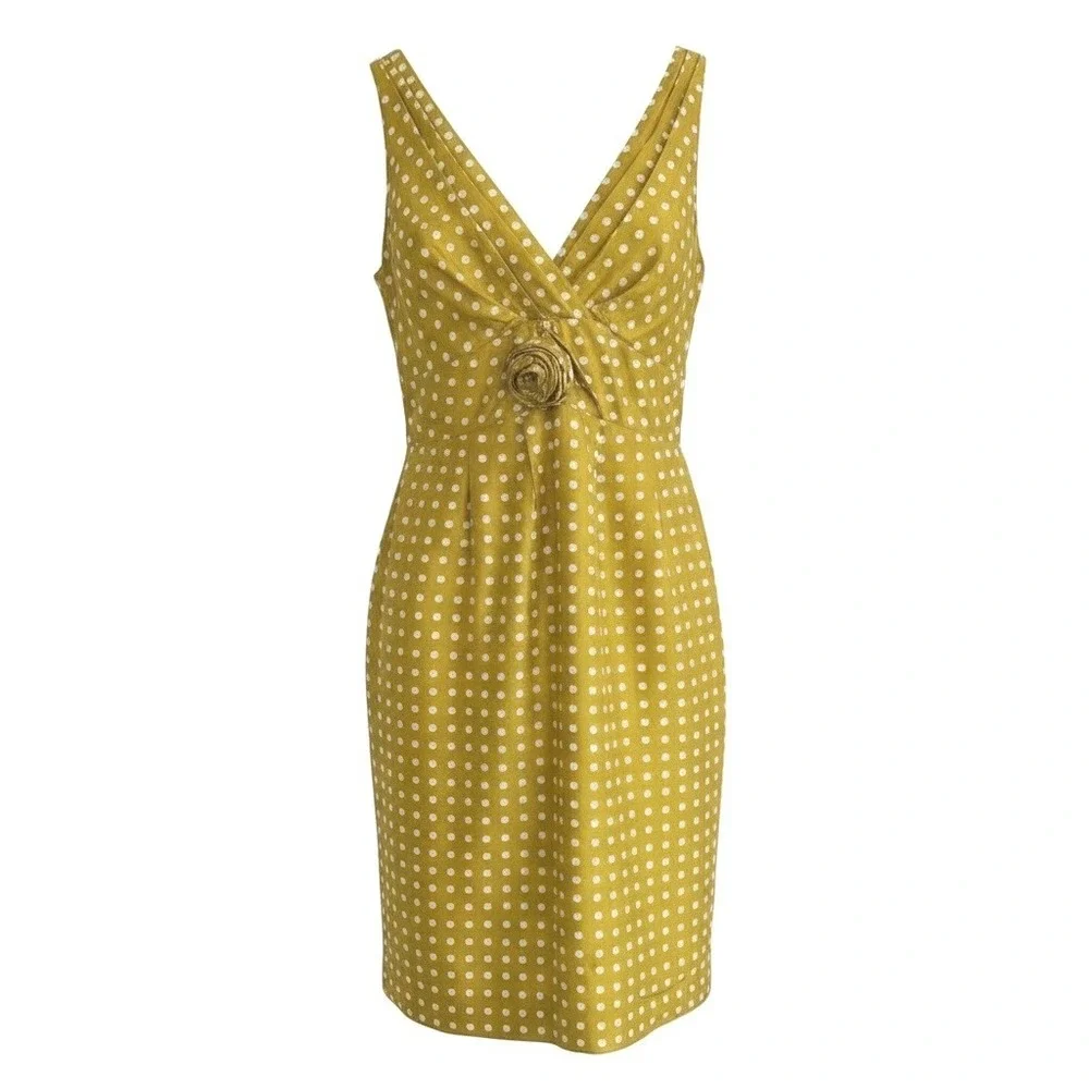 VTG J Crew Silk Polka Dot V Neck Rose Sun Dress Short Mini Sz‎ 2 Mustard Yellow